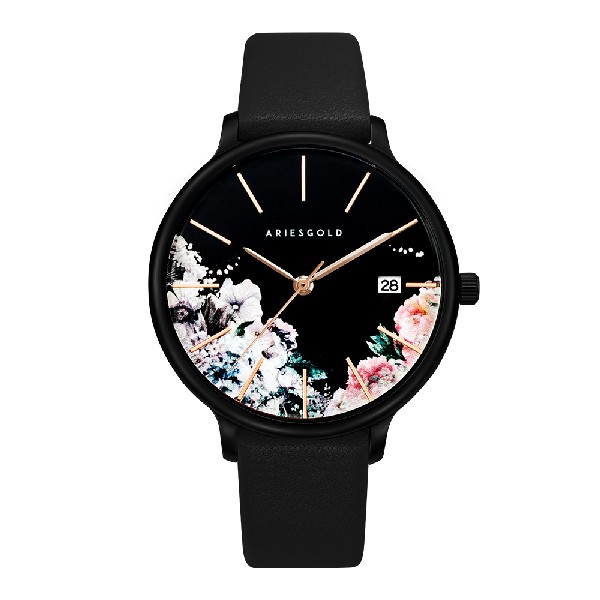 ARIES GOLD ENCHANT FLEUR BLACK STAINLESS STEEL L 5035A BK-BKFL BLACK LEATHER STRAP WOMEN'S WATCH